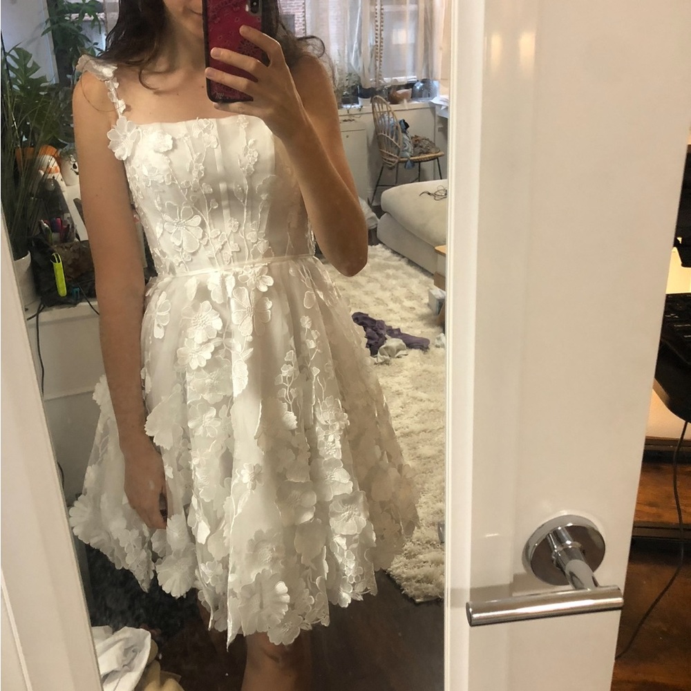 Custom made white floral appliqué dress